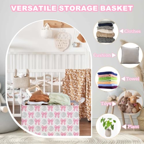 Image of Pink Bows Volleyballs Storage Baskets for Pink Nursery Decoration Bin, Foldable Storage Box Organizer for Clothes Toys Nursery, Large Canvas Laundry Hamper for Bathroom Bedroom Living Room