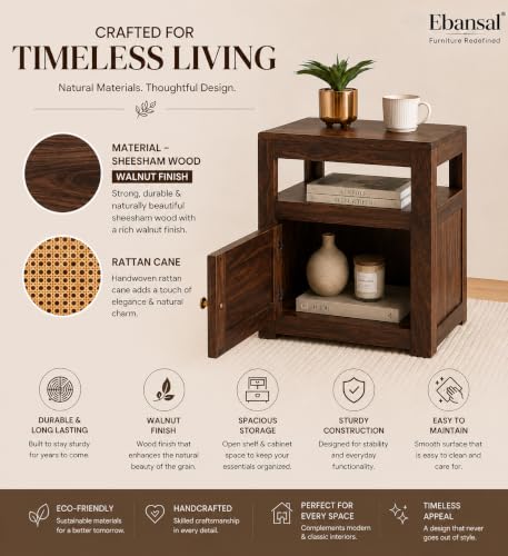 Image of Solid Sheesham Wood Bedside Table with Cane Door | Wooden Nightstand with Open Shelf & Storage Cabinet | Modern Side Table for Bedroom & Living Room