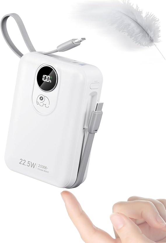 20000mAh Power Bank mit integriertem Kabel: 22.5W Schnell Aufladende Externe Batterie für Handy, USB C (Input & Output) Akku-Pack, Powerbank mit 4 Ausgängen & 2 Eingängen 20000 mAh Power Bank -Weiß