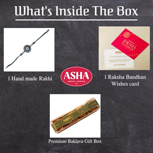 Image of ASHA SWEETS Rakhi Celebration Combo Pack with Baklava (100gm), 1 Handmade Rakhi & Wish Card Set for Gifting to Brother & Sister |Premium Rakhi Festive Gift Box for Family & Friends