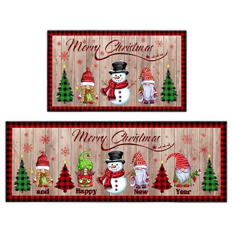 JWXCBIM 2 Pcs Christmas Kitchen Rugs and Mats, Merry Christmas and Happy New Year Kitchen Decor Non-Slip Floor Mat Sets, Gnome Snowman Washable Microfiber Kitchen Carpet 17x47+17x30 Inches Cover
