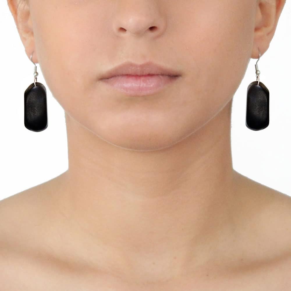 Tagua Earrings Rectangles in Black, Silver Findings, Handmade Fairtrade Lightweight by Florama Natural Jewelry