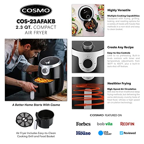 COSMO COS-23AFAKB 2.3 Quart Electric Small Air Fryer with Temperature Control, Timer, Auto Shut-Off, Non-Stick Frying Tray, 1000W Compact Mini Air Fryer (2.3 Quarts, Stainless Steel/Black) by COSMO - Image 2