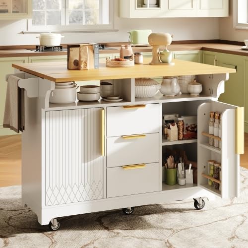 Isola cucina 120 cm bianco, 3 cassetti, tavolo estensibile