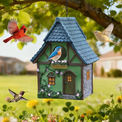 Bird Houses for Outside Cottage Garden Birdhouse –Green Resin Birdhouses for Outdoors with Flower and Stone Details for Bluebird Finches Cardinals Bird Nesting Garden, Patio, Yard