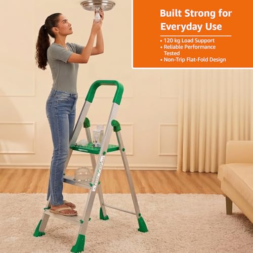 Image of Amazon Basics Clamber Pro - Foldable Step Ladder, Firm Grip, 3 Steps (Aluminium Steps, Green & Satin)