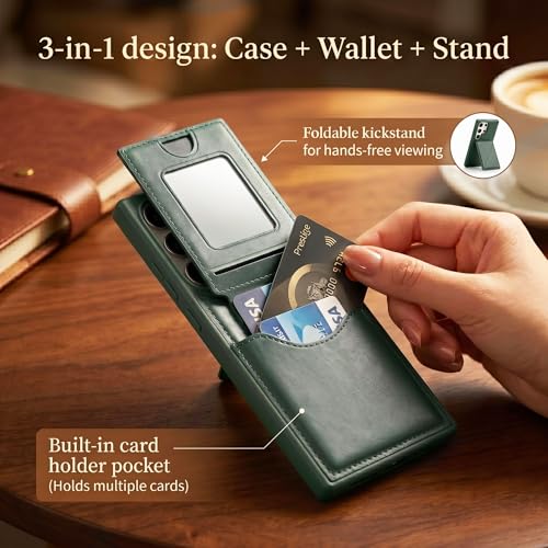 Image of amazon basics Premium Vegan Leather Back Cover with Card Holder and Integrated Mobile Stand for Samsung Galaxy S24 Ultra 5G - Slim Shockproof Wallet Case with Geometric Stitching [Green]