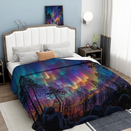ANALTIRCE Mantas para Sofa Franela 130 × 150 cm, Manta para Cama Invierno Ultra Suave Microfibra Polar Arcoíris Bosque, Manta Sofa Pelo Estampado Psicodélico Auroras Boreales para Sofá, Cama