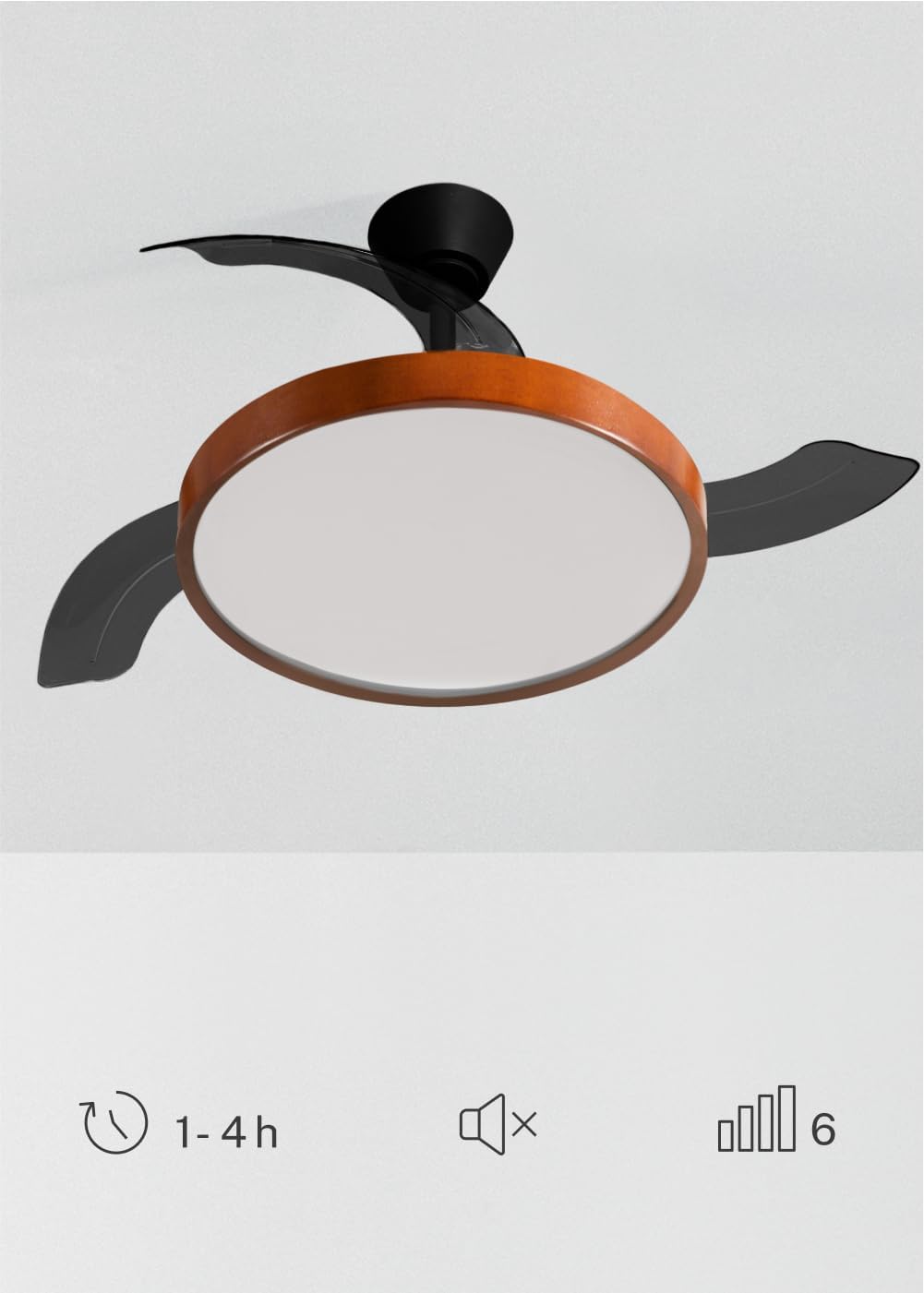 Icons illustrating the fan's features: 1-4 hour timer, silent operation, and 6 speed settings.