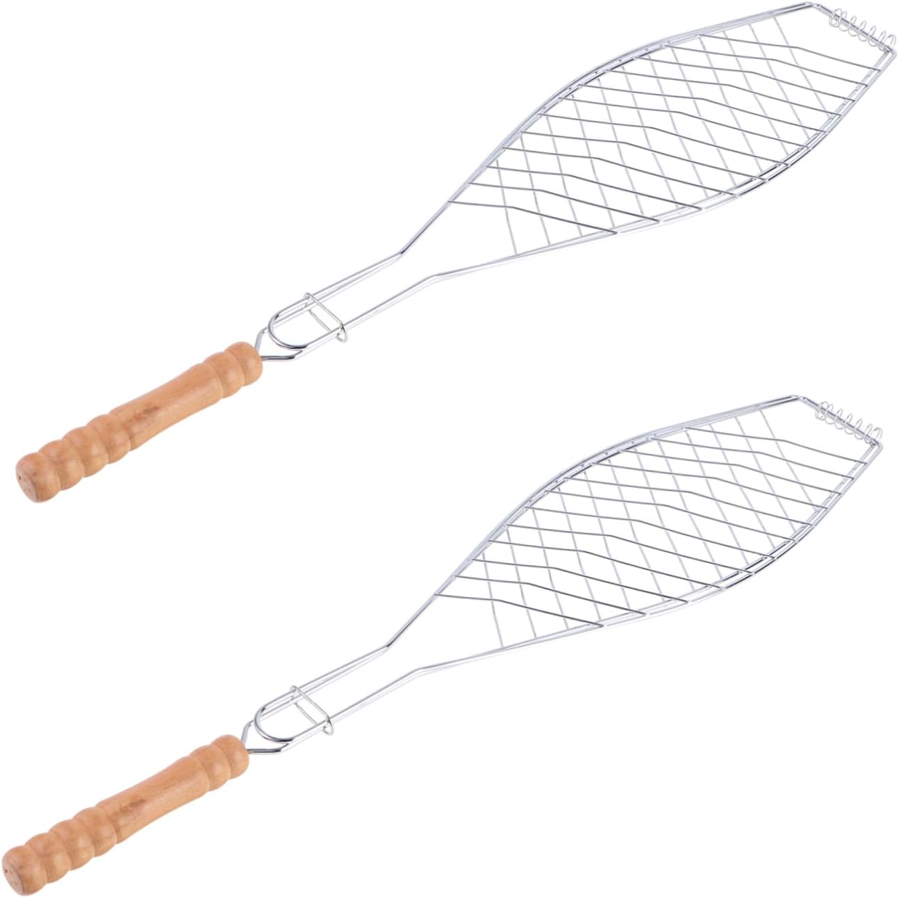Luxshiny 2 Pcs Iron Fish Barbecue Basket with Durable Wooden Handle Non Stick Mesh Grill Net for Outdoor Bbq Camping Picnic Prevents Sticking and Falling Through Grates Compact and Easy to