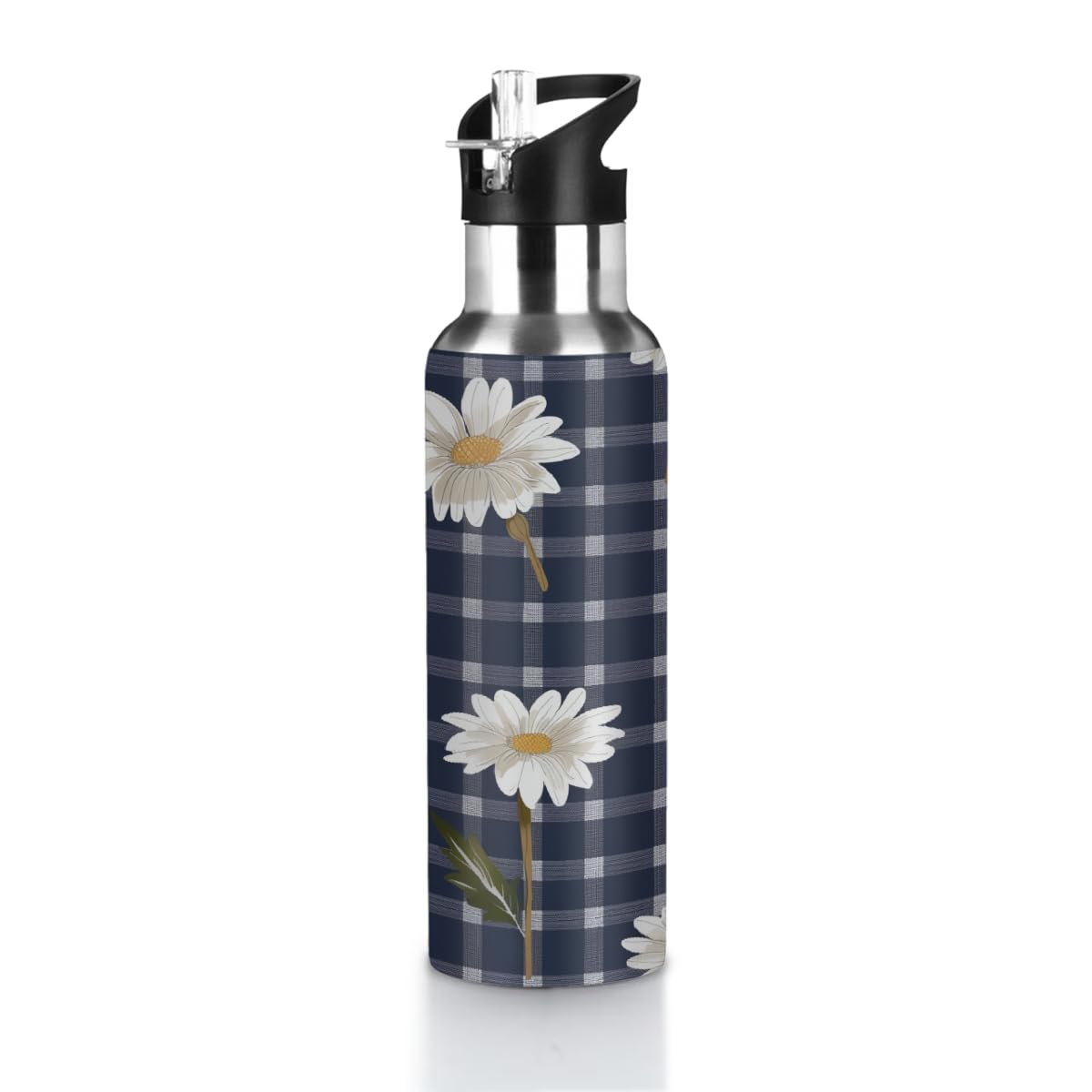VQUVQV Daisy Navy Plaid Insulated Stainless Steel Water Bottle with Straw for Sports and Travel, 600ml Leakproof Gym Water Bottles for Men Women