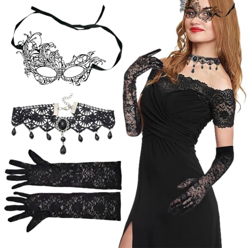 AEKZOX 4 peças acessórios steampunk mulher de Halloween, colar gótico, luvas compridas disfarce, máscara, renda preta, anti-face veneziana e festa de disfarces, máscara e carnaval