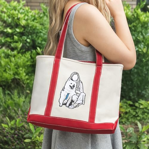 Custom Tote Bag for Women, Personalized Embroidered Dog Cat Pet Portrait Photos Canvas Tote Bags, Large Travel Bag with Zipper, Personalized Reusable Shopping Gift Bags, Birthday Gifts for Mom Her4