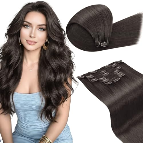 Image of LaaVoo Clip in Hair Extensions Cool Brown 150g | Natural Hair for Daily Wear, Remy Human Hair, Full Head, Thick Hair,18inc 7pcs