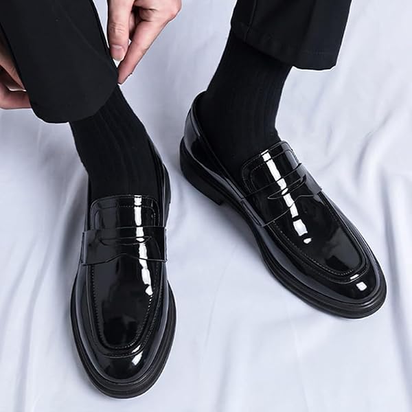 RiceelSor Mens Slip-On Penny Loafers Casual Patent Leather Business Dress Shoes Comfortable Lightweight Pointed Toe Tuxedo Shoes for Wedding Formal Work (Black B,12) by RiceelSor - Used condition - Image 9