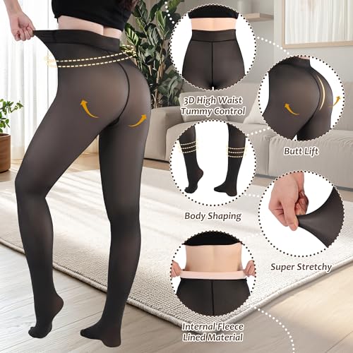 Image of Fleece Lined Tights Sheer Women,Fake Translucent Warm Pantyhose Leggings Sheer Thermal Tights for Women in Winter.