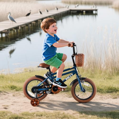 Image of RULLY 12 14 16 Inch Boys' Bike for Kids Ages 2-6, Toddler Bicycle with Training Wheels, Coaster Brake & Handbrake, and Front Basket(Blue Black Green)