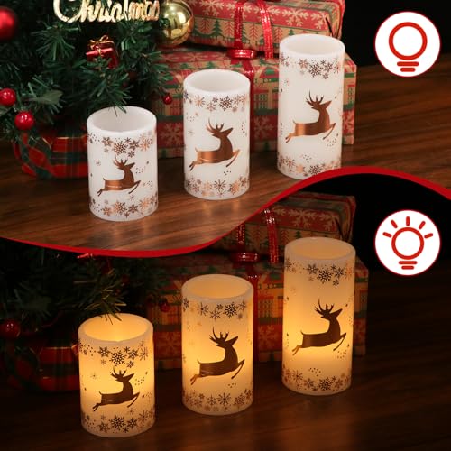 Image of Eldnacele Christmas Flickering Flameless Candles with 6 Hour Timer, Gold Deer Decal Battery Operated Real Wax LED Pillar Candles Home Tabletop Holiday Decor(3Pcs,3x4 /5 /6 Inches)