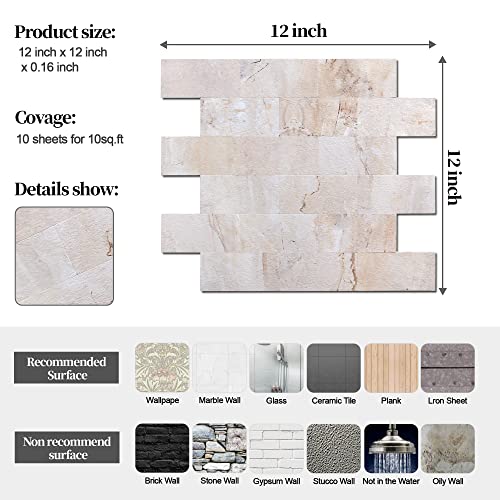 10-Pack Peel And Stick Tile Backsplash For Kitchen 12"X12" Thicker Stone Panel Stick On Backsplash For Bathroom Tile, Stair Decals, Laundry Table, Bedroom In Beige #TOP6