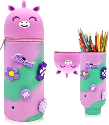 MOPQMKT Estuche de Silicona para lápices - Estuche 2 en 1 de Silicona Suave Kawaii Estuche Vertical Lapices Cartoon Estuche de Lápices Retráctil Estuche de Silicona para Colegio Oficina Estudiantes