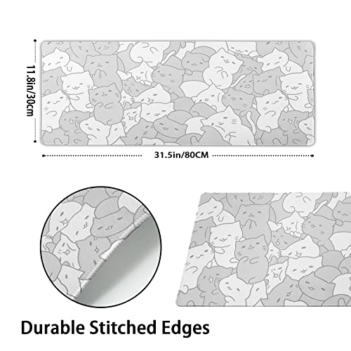 Image of White Kawaii Cats Gaming Mouse Pad XL Cute Anime Kittens Japanese Extended Big Large Desk Mat Non-Slip Rubber Base Stitched Edge Long Keyboard Mousepad for PC Computer Laptop,31.5x11.8 Inches