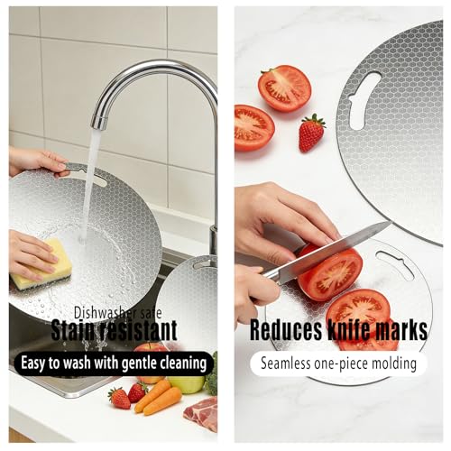 Tablas de Cortar Versátiles para Cocina, Set de 2 Piezas de Acero Inoxidable 316 Grado Alimentario, Redondas, Doble Cara, Diseño de Malla Antirayado, Ideal para Carnes, Verduras y Frutas (Honeycomb) miniatura 5