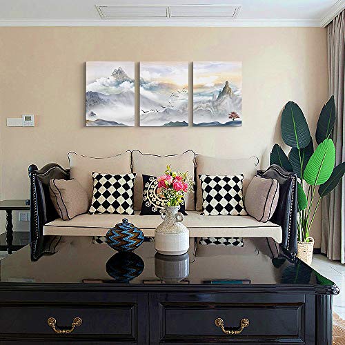 Image of Mountain Landscape Abstract Painting Canvas Wall Art For Living Room Bathroom Wall Decor For Bedroom Kitchen Artwork Canvas Prints 3 Pieces Modern Framed Office Home Decorations Watercolor Picture