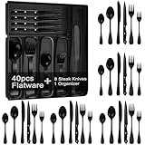 49-Piece Black Silverware Set with Organizer, Stainless Steel Flatware Set for 8 with Drawer Tray,...