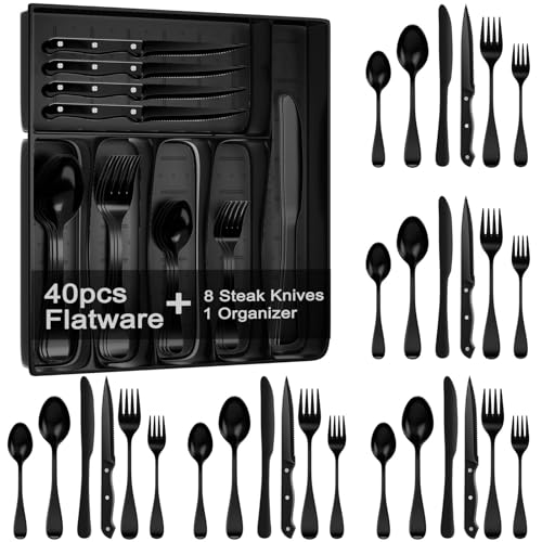 49-Piece Black Silverware Set with Organizer, Stainless Steel Flatware Set for 8 with Drawer Tray,
