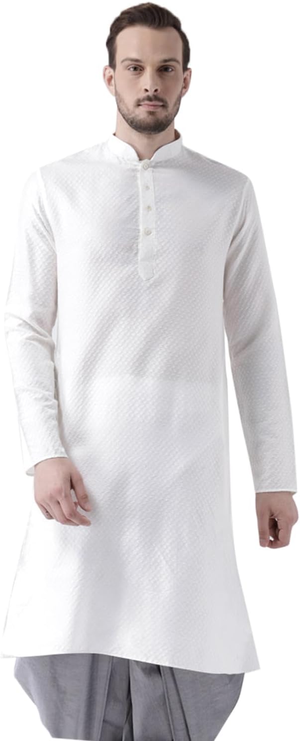 Men's Kurta – Woven Design Art Silk Tunic with Mandarin Collar, Regular Fit – Indian Wedding Outfit for Men, White, 44