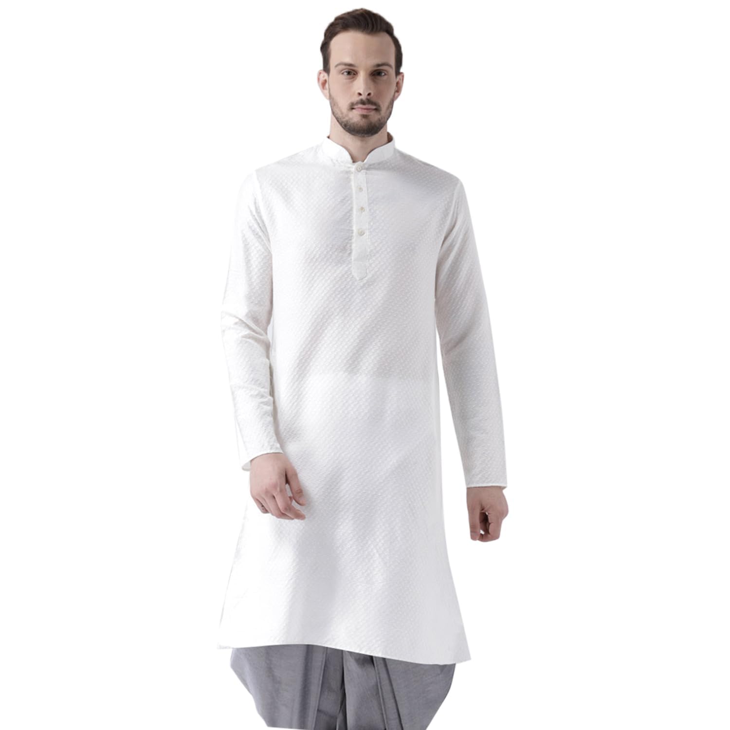 Kisah Men White Woven Design Straight Kurta Full Sleaves, Knee Length, Straight, Regular Fit, Mandarin Collar Ethnic Casual Wear, 36