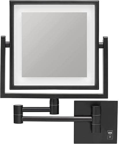 Espejo de maquillaje montado en la pared con luces y aumento 3X, espejo de tocador cuadrados de doble cara de 8 pulgadas con brazo extensible,