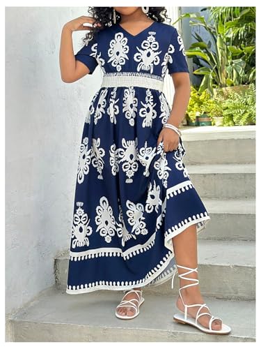 GORGLITTER Girl's Boho Maxi Dress Graphic Short Sleeve V Neck Flowy A Line Cute Fall Long Dresses4