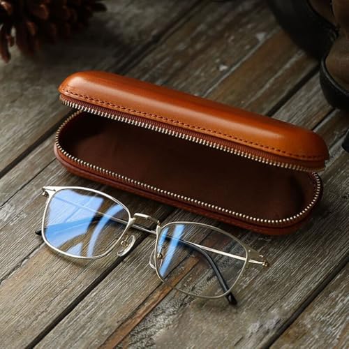 Image of Handmade Cowhide Eyeglass Case Semi-Hard Shell, With Hooks And Lanyard | Portable, Men And Women, Nearsighted & Reading Glasses Protection,