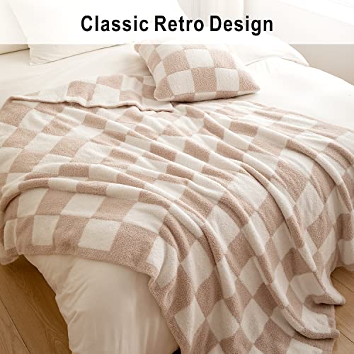 Chic Throw Blankets With Checkerboard Plaid- Stretchy Fluffy Cozy Blanket Trendy Checkered Gingham Decor For Couch, Bed, Sofa(Throw Size 51"X 63", Light Khaki) #TOP3