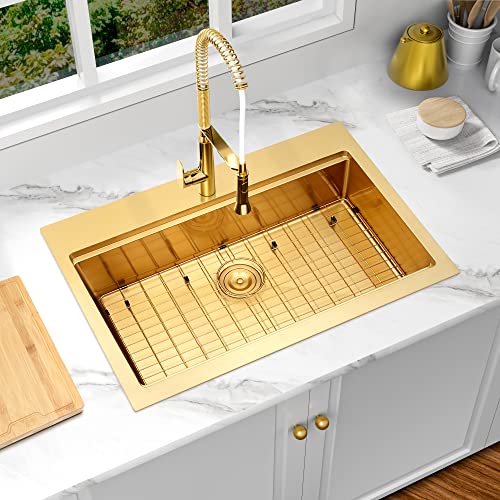 Image of Gold Kitchen Sink, 33 inch x 22 inch Drop In Kitchen Sink,16 Gauge Stainless Steel All In One Workstation Sink with Ledge & Accessories, 33 inch x 22 inch x 10 inch Large and Deep Top Mount Kitchen Sinks