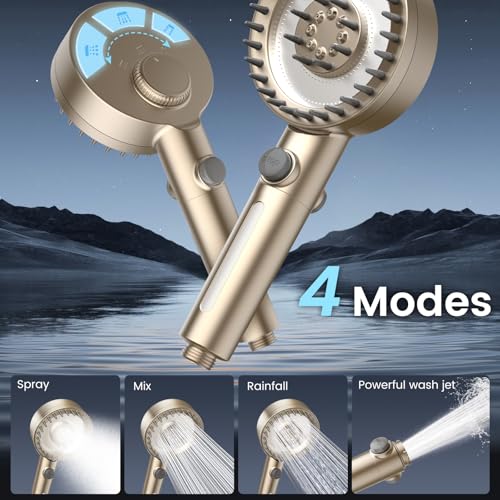 Image of PWERAN Filtered Shower Head with Handheld, High Pressure 4 Spray Mode Showerhead with Filters, Water Softener Beads for Hard Water with ON /OFF Switch for Pets - Remove Chlorine (Golden, 5 Inch Panel)