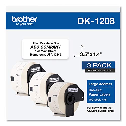 Brother Genuine DK-1208 Die-Cut Large Address Labels, Long Lasting Reliability, Die-Cut Large Address Paper Labels, 400 Labels per Roll, (1) Roll per Box - DK1208, White (DK12083PK)