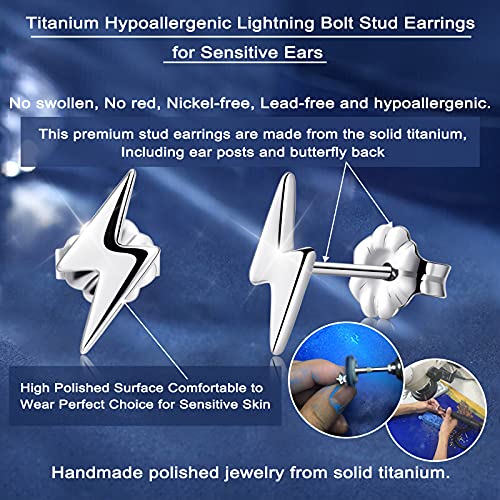 Vgaceti Titanium Earring, Hypoallergenic Stud Earrings Lightning Bolt For Women Girls Men Sensitive Ears, Premium High Polished (Shiny Grey Lightning Bolt) #TOP2