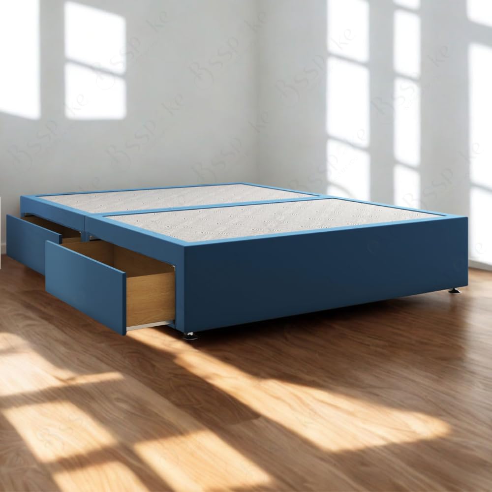 BSSPOKE Hard Divan Bed Base with 2 or 4 Storage Drawers Plush Velvet Upholstered Platform UK Handmade Bed Base (Blue Plush, 4ft6" Double (with 4 Drawers))