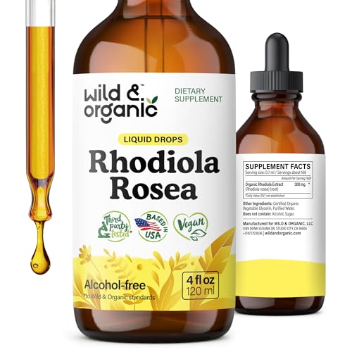 Wild & Organic Rhodiola Rosea Tincture - Rhodiola Rosea Supplement for Mood Support - Relaxing Root Extract Liquid Drops - Vegan, Sugar & Alcohol-Free - 4 fl oz