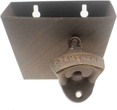 Abridor de tapas de botellas de hierro fundido vintage, abridor de cerveza montado en la pared con receptor de tapa montado (oro antiguo)