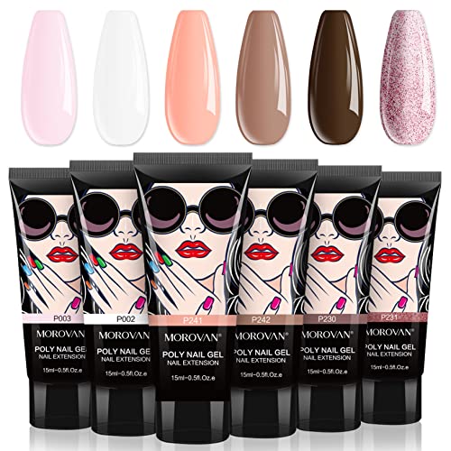 Morovan Poly Gel Nail Set - 6 Colors Nail Extension Gel Set Contain Pure and Glitter Builder Nail Gel Long-lasting Poly Nail Gel for Beginners Professional Nude Color Poly Gel Nail Color Packs