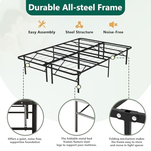 FurniEdge Full Size Folding Bed Frame, Heavy Duty Full Metal Platform with 14\" Underbed Storage, Easy Tool-Free Assembly, No Box Spring Needed