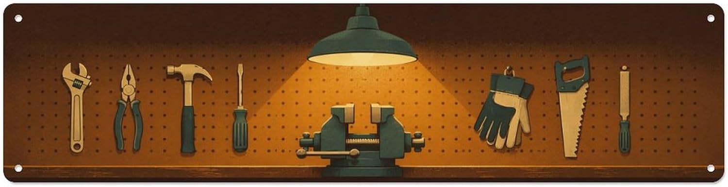 VALOR LIVING Warm Pegboard Workshop Aluminum Wall Decor, Cozy Tool Display Panorama for Garage Man Cave, 16x4 Inch Gift for Dad