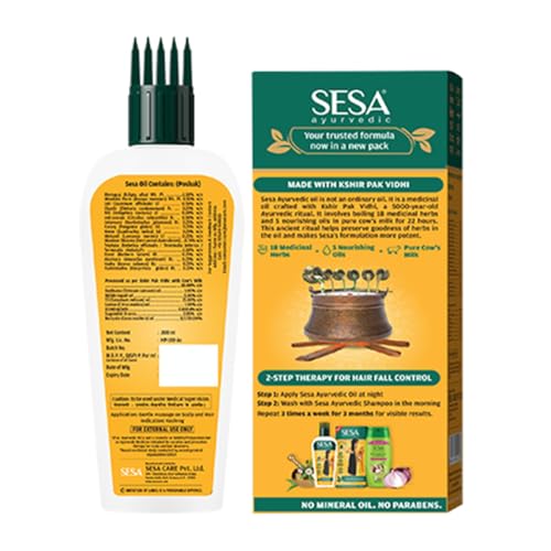 Sesa Ayurvedisches Haaröl | 5000 Jahre altes Kshir Pak Vidhi, Bhringraj & 17 seltene Kräuter mit 5 pflegenden Ölen | Alle Haartypen | KEIN Mineralöl | 200ml (1er Pack)