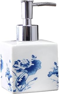 dispensador de jabon para fregadero de cocina, Dispensador de jabón líquido de cerámica, botella de loción líquida recargable for manos con bomba plateada a prueba de óxido for baño/cocina, azul/blanc