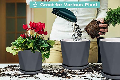 Gray Ceramic Geometric Indoor Plant Pot with Tray - Set of 3 Middle and Large Modern Planter (5.4\" 6.8\" 8.1\"), Diamond Texture Flower Pots with Drainage Hole and Saucer for Indoor Outdoor Plant - Thumbnail 5