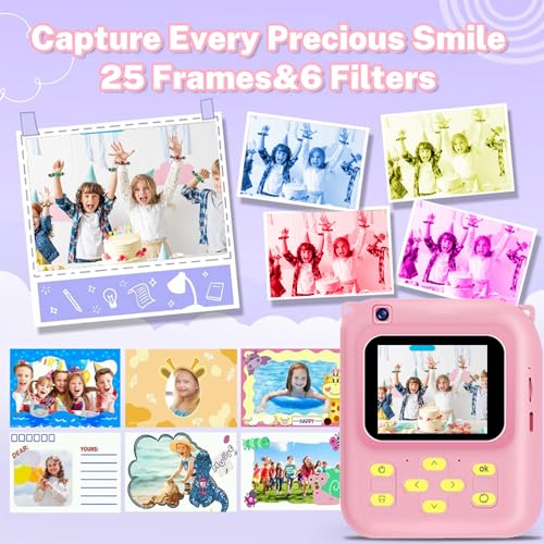 Image of Instant Print Camera for Kids, 1080P Video Camera with 3 Print Rolls | 32GB Card & Cute Cover, Gift for Girls Boys Age 3-12, Toddler Digital Camera with Games, Filters, Music - Pink