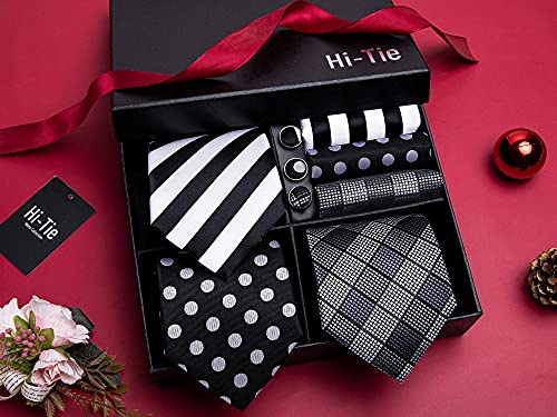 Image of Hi-Tie 3 Pcs Gift Box Mens Tie Set Necktie with Pocket Square Cufflinks Lapel Pin Silk Neck Tie Collection